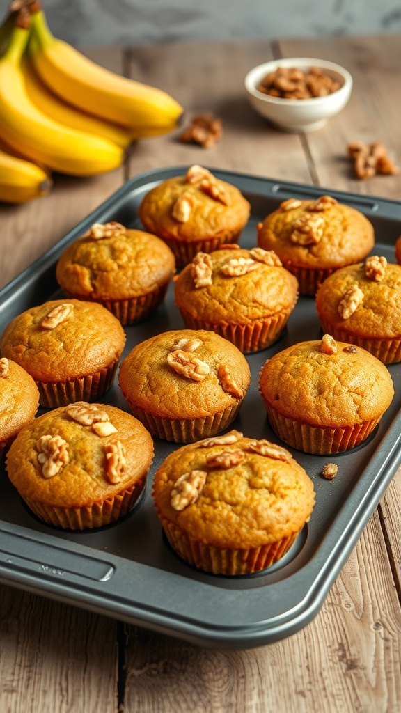 Freshly baked banana bread muffins on a wooden tray with bananas and walnuts.